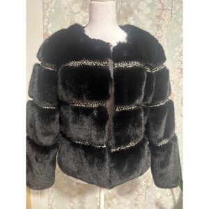 WD·NY Black Faux Fur Cropped Jacket Metallic Trim Tiered Evening Coat Womens M